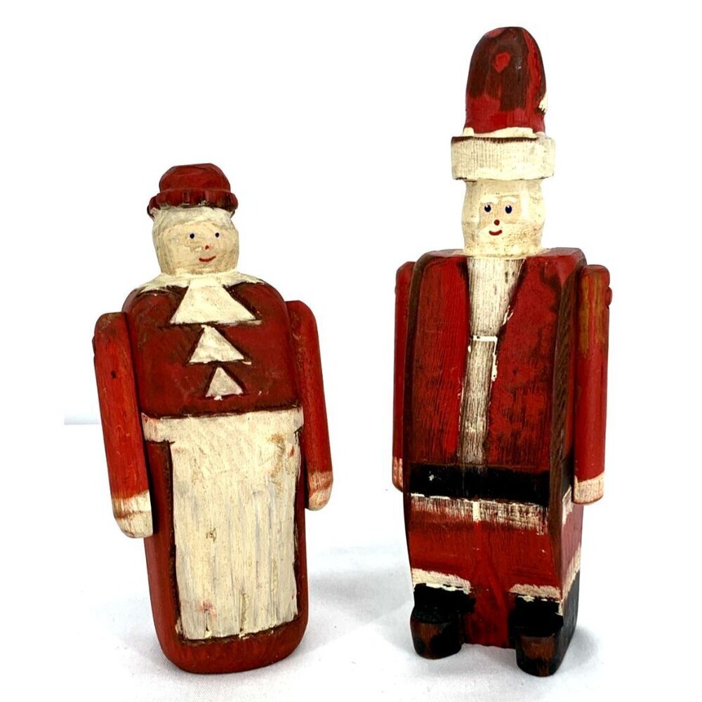 Wolf Creek Folk Art Santa And Mrs Claus Wooden Primitive Figures 9.5" Hand Craft